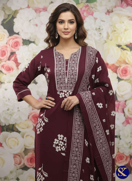 PREMIUM CAMBRIC COTTON WITH NECK WORK KURTA PANT DUPATTA