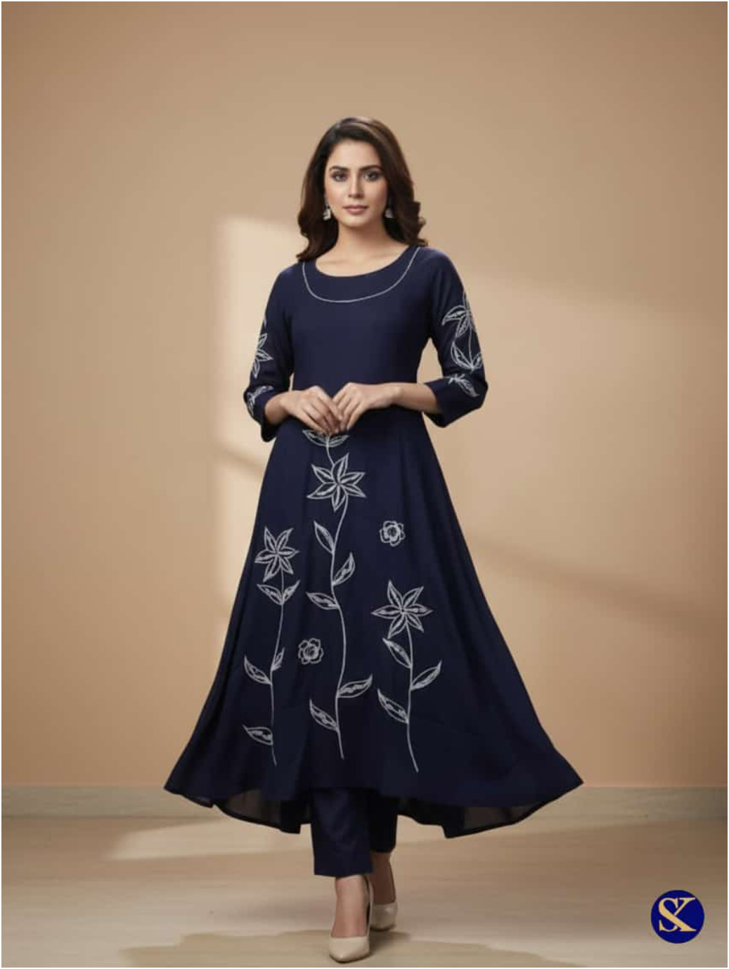 NAVY BLUE COTTON KURTA PALAZZO THREAD WORK