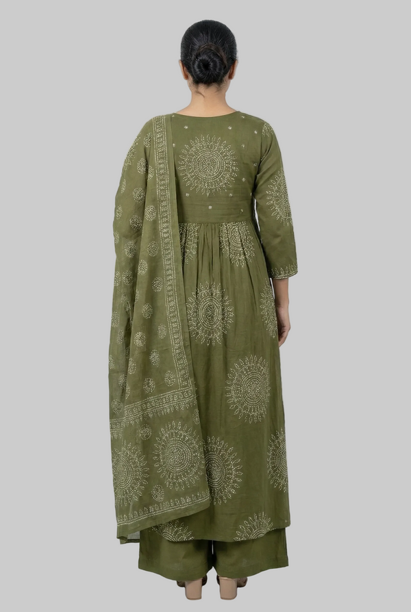 OLIVE GREEN EMBROIDERED THREE PIECE KURTA SET