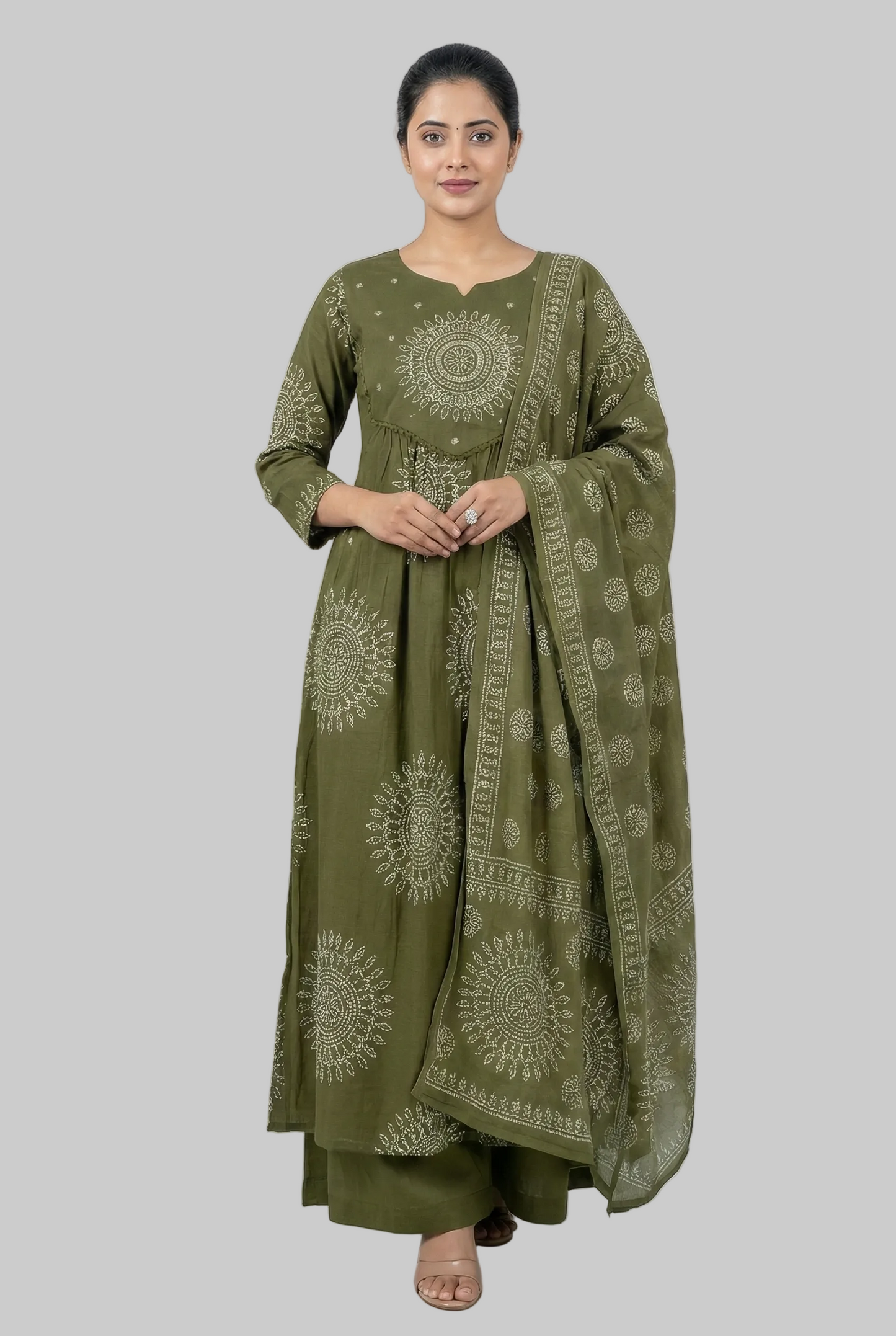 OLIVE GREEN EMBROIDERED THREE PIECE KURTA SET