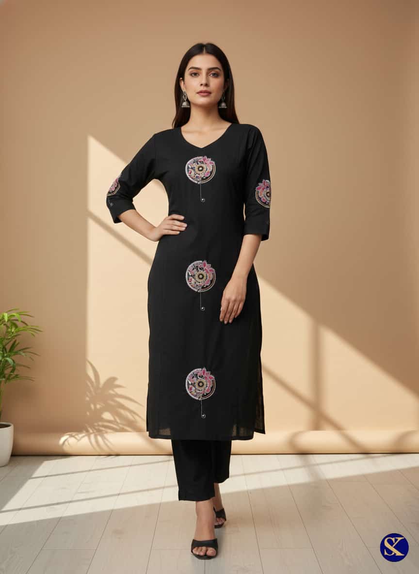 BLACK COLOUR COTTON THREAD WORK KURTA PALAZZO