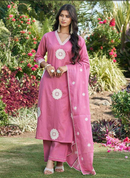 PINK MOUVE COLOUR KURTA PANT DUPATTA WITH THREAD WORK