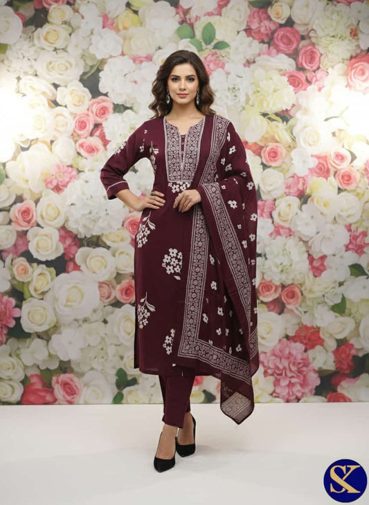 PREMIUM CAMBRIC COTTON WITH NECK WORK KURTA PANT DUPATTA