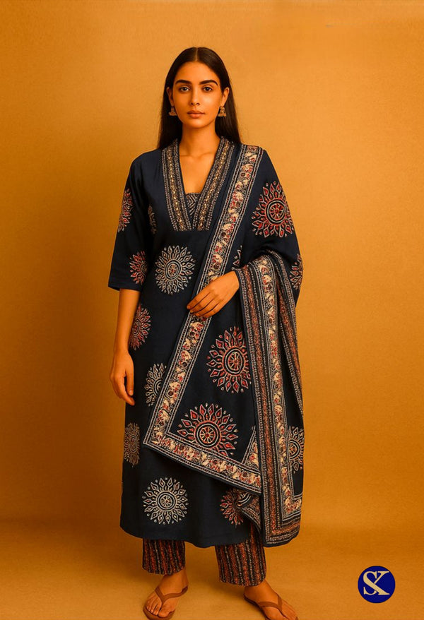 BLACK COLOUR DABU PRINT KURTA PANT DUPATTA