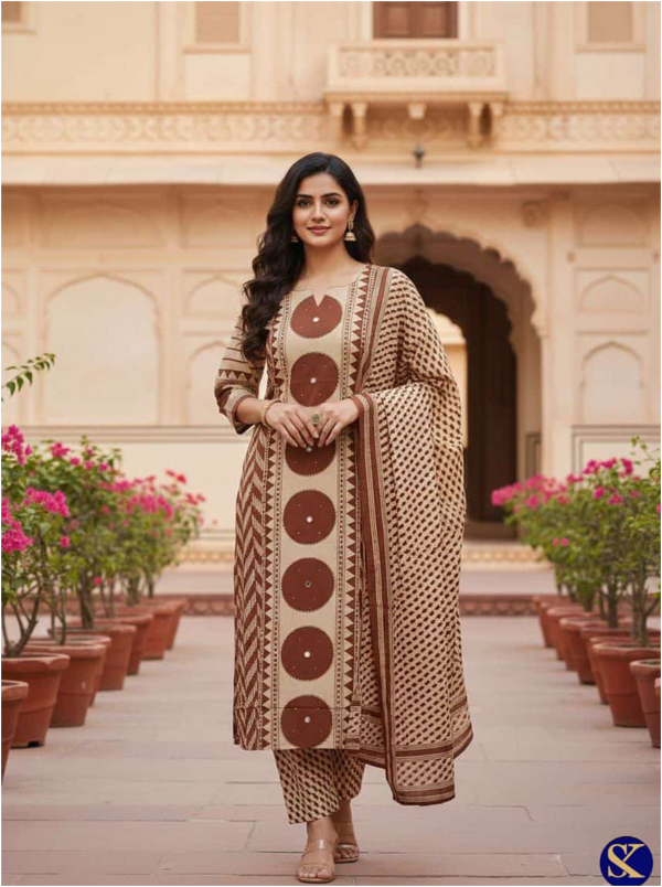 RUST COLOUR PRINTED KURTA PANT DUPATTA