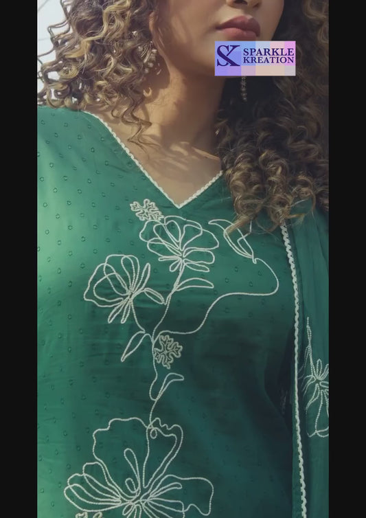 GREEN COLOUR COTTON KURTA PANT DUPATTA WITH THREAD WORK