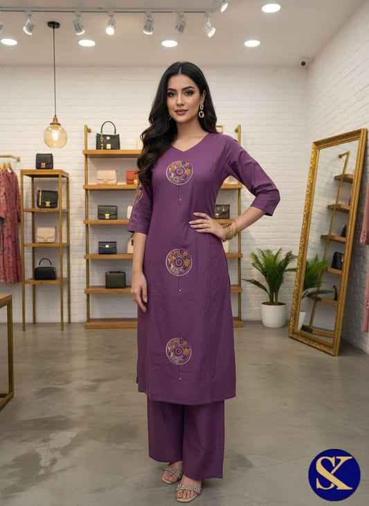 Purple Cotton with thread work kurta palazzo
